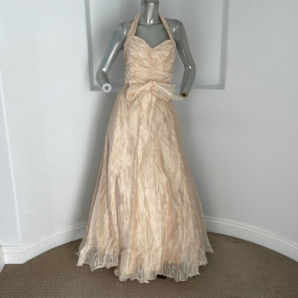 BICICI Champagne Halter Crinkled Backless Gown Special Occasion Prom Size S NWT